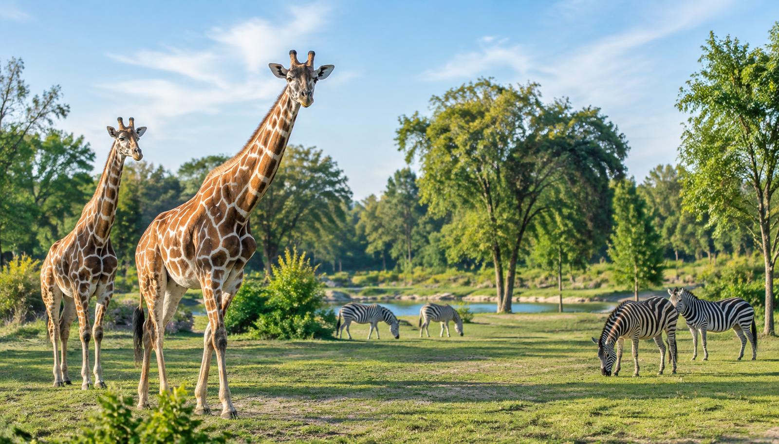 Illustratief beeld van giraffen en zebra’s op safari
