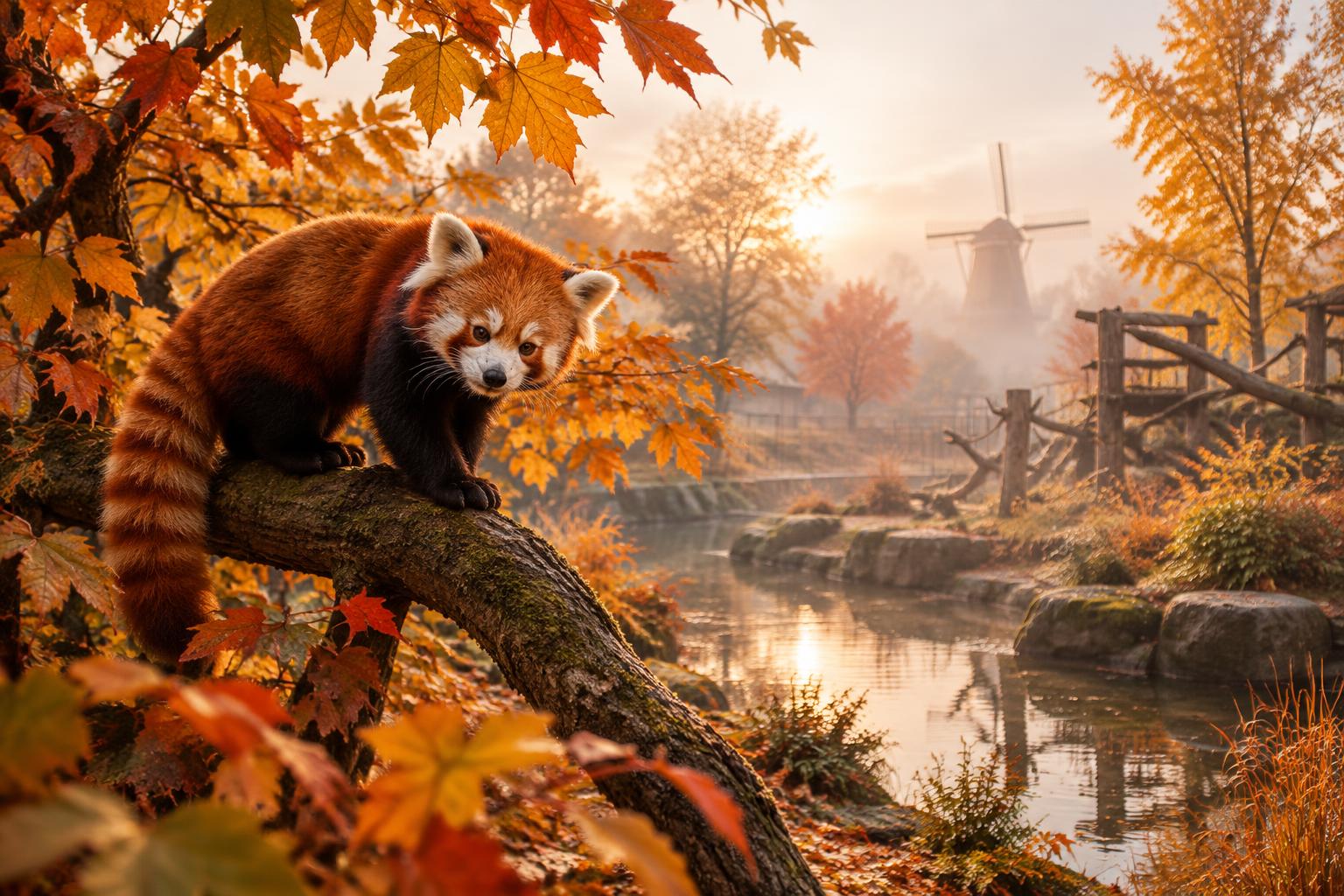 AI-illustratie van een rode panda tussen oranje herfstbladeren in de ochtendmist