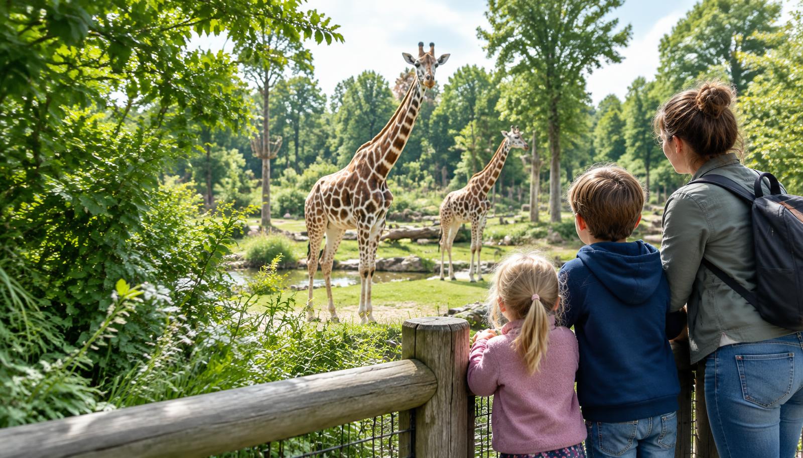 Illustratief beeld van een gezin dat giraffen bekijkt in een dierenpark